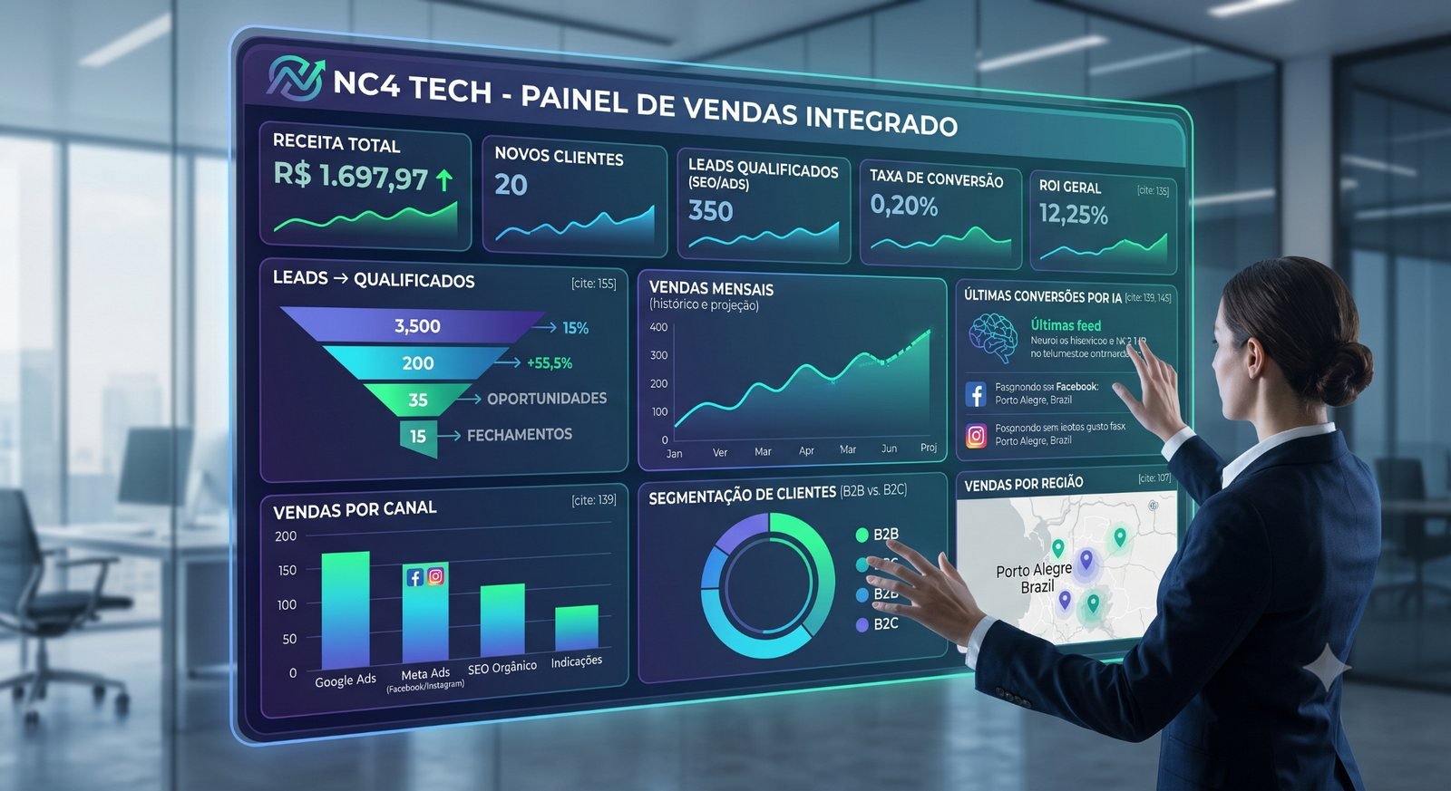 Ilustração conceitual de um painel integrado de marketing, leads e vendas da NC4 Tech